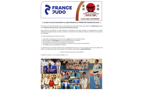 🥉 Le Judo Club Occitan obtient le Label Bronze de France Judo !